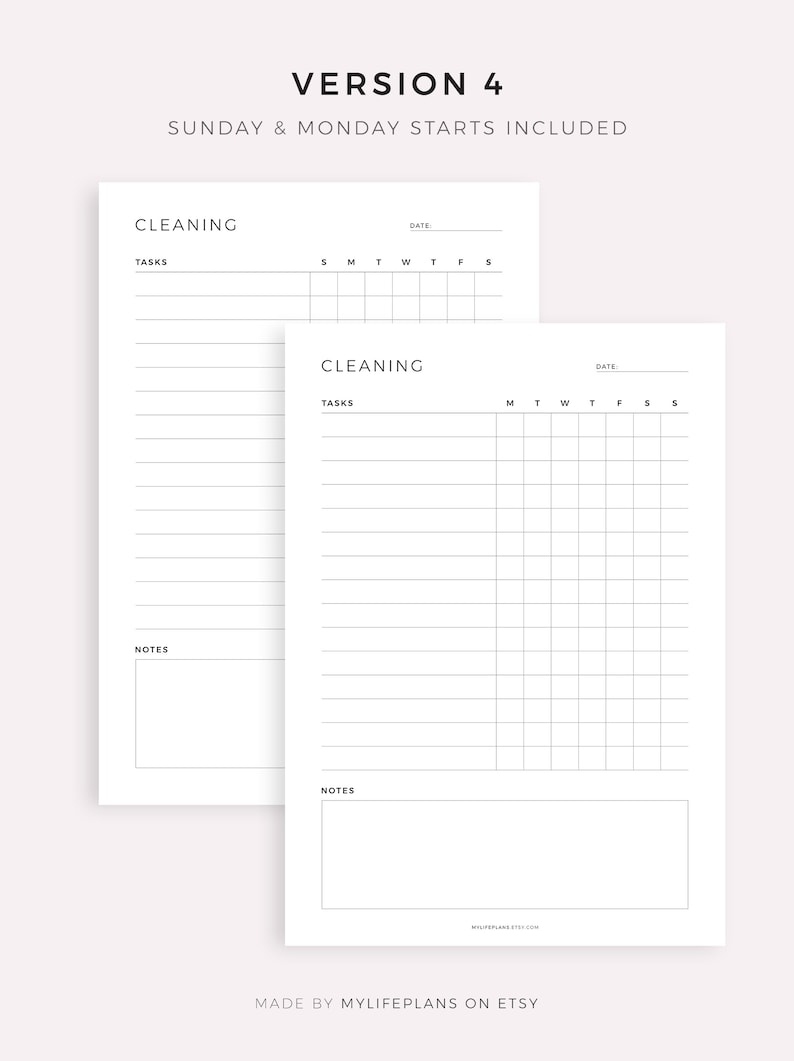 May include: Printable cleaning checklist with a weekly schedule. The checklist includes a section for tasks, notes, and a calendar grid for Sunday through Saturday.