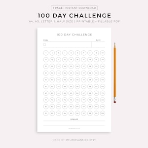 100 Day Challenge, Goal Setting, Progress Tracker, Habit Forming, A4/A5/Letter/Half, Printable & Fillable PDF, Horizontal, Instant Download