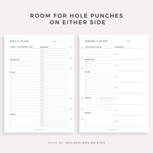 May include: A printable planner page with a daily and weekly layout. The daily page has sections for "Today I am grateful for", "Priorities", "To Do", and "Notes". The weekly page has sections for "This Week's Focus", "Priorities", "To Do", "Habits", and "Notes".