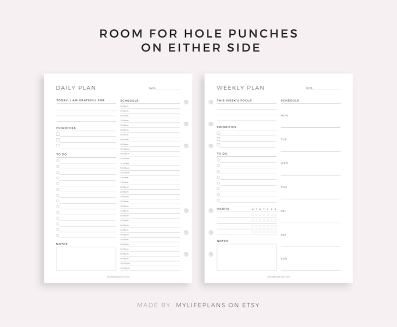 May include: A printable planner page with a daily and weekly layout. The daily page has sections for "Today I am grateful for", "Priorities", "To Do", and "Notes". The weekly page has sections for "This Week's Focus", "Priorities", "To Do", "Habits", and "Notes".