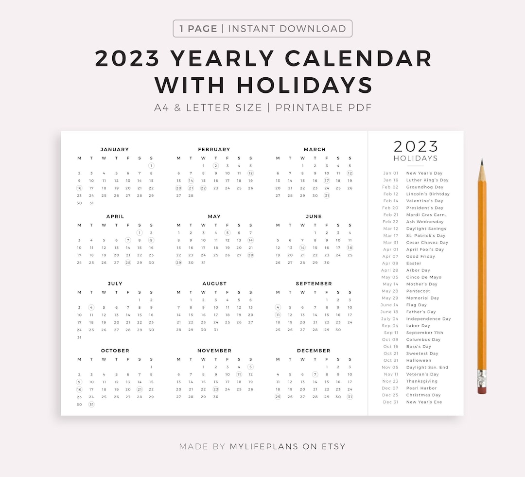 2023 Year Calendar With Holidays on One Page Printable Etsy New Zealand