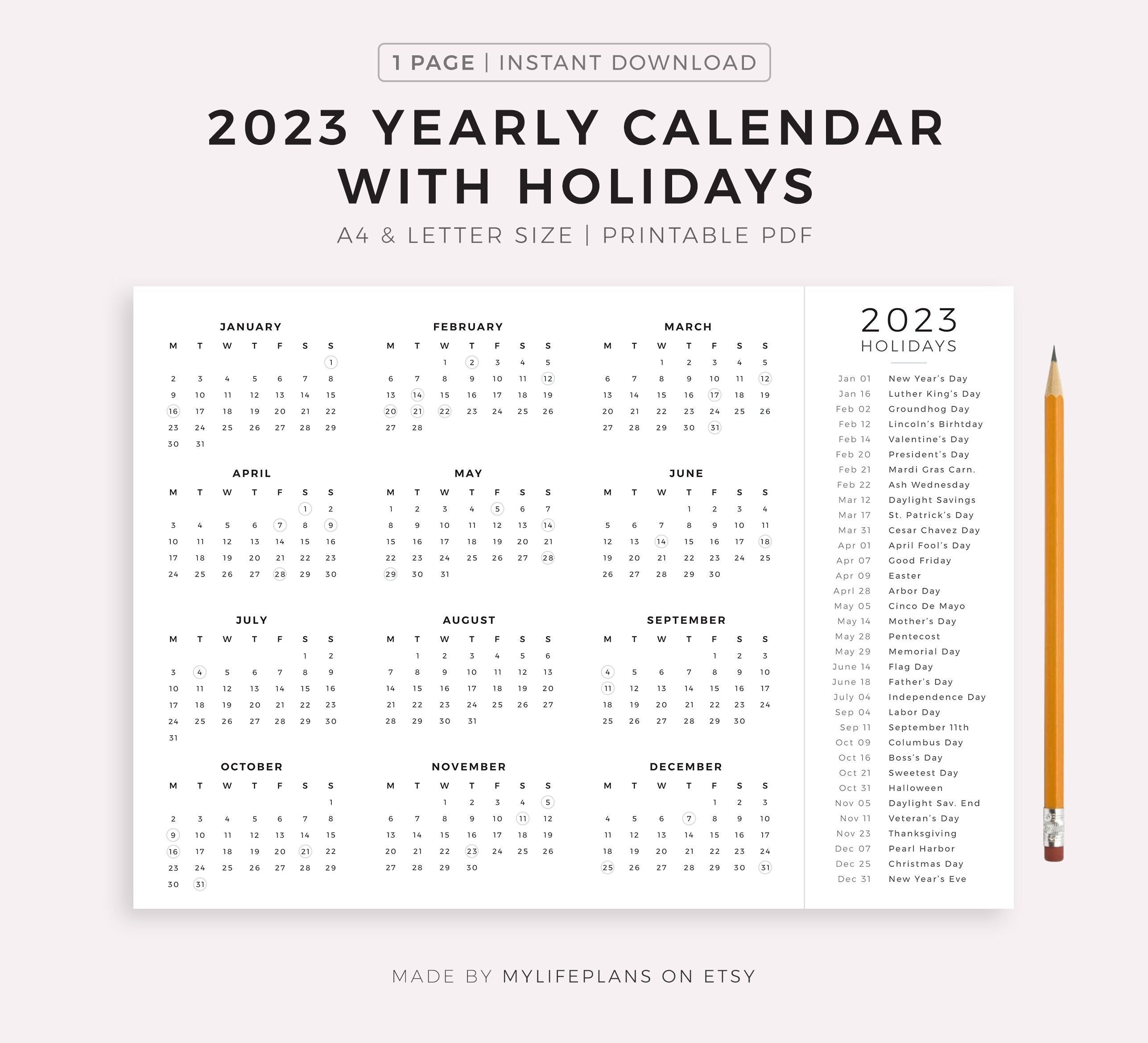 2023 year calendar with holidays on one page printable etsy norway