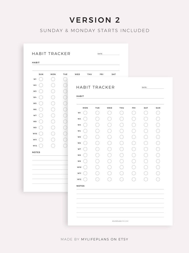 K&ouml;nnte beinhalten: Zwei druckbare Habit-Tracker-Seiten mit einem schwarz-wei&szlig;en Design. Die Seiten sind in Abschnitte f&uuml;r jeden Tag der Woche und jede Woche des Monats unterteilt. Die Seiten enthalten auch einen Abschnitt f&uuml;r Notizen.