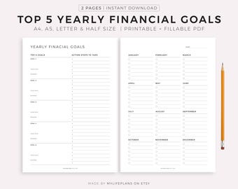 Top 5 Yearly Financial Goals, Goal Setting, Goal Planning, Plan For Success, A4/A5/Letter/Half Size, Instant Download PDF