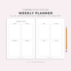 May include: A white weekly planner with a simple design, featuring sections for each day of the week and notes. The planner is available in A4, A5, letter, and half sizes, and is printable and fillable. A yellow pencil is placed on the right side.