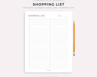 Puede incluir: Una lista de compras imprimible en blanco con el título "SHOPPING LIST" en la parte superior. La lista tiene varias líneas con círculos para casillas de verificación. Un lápiz amarillo con una goma de borrar rosa descansa en el lado derecho de la imagen.