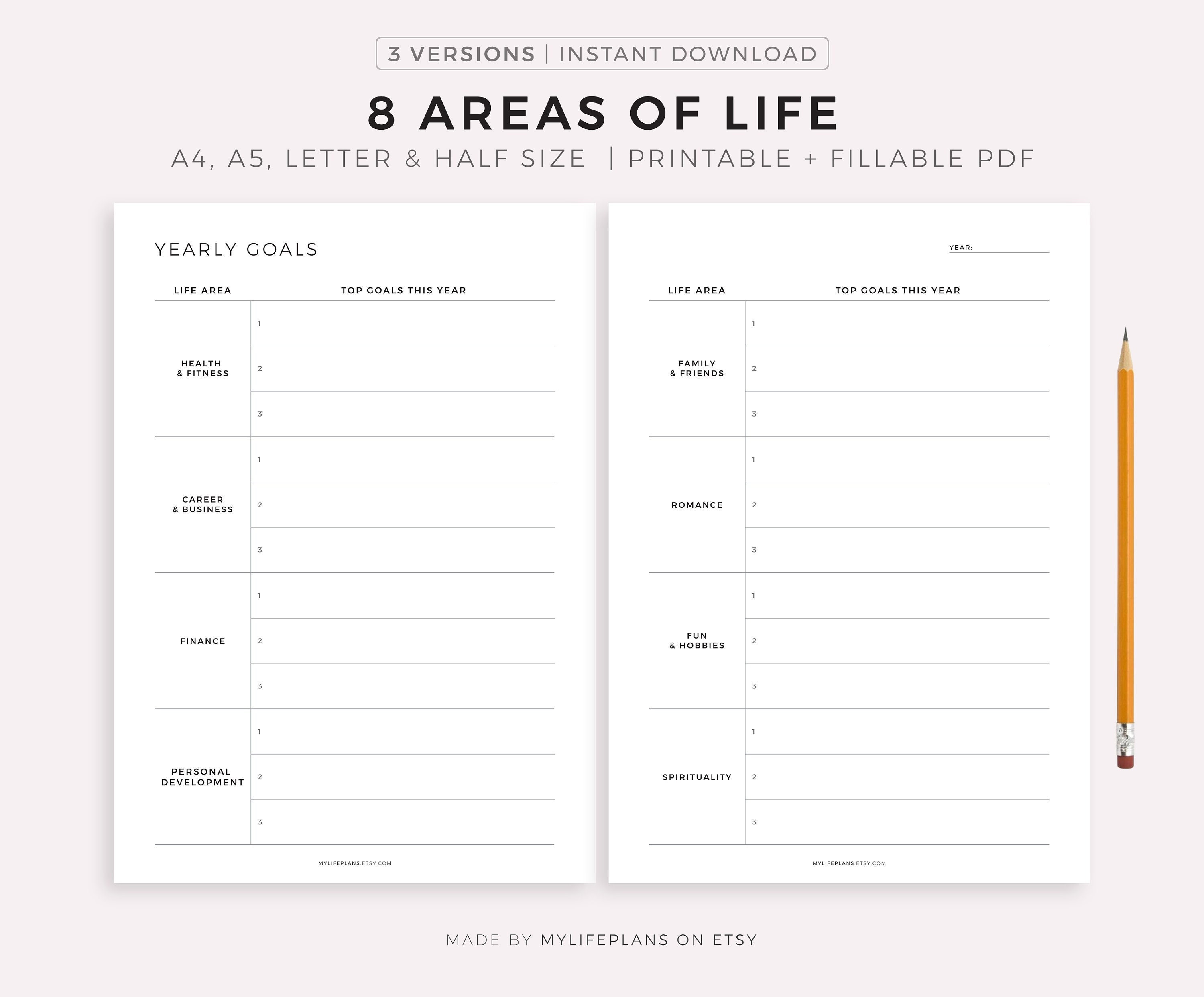 8 Areas of Life Planner Printable & Fillable PDF, Goal Planner