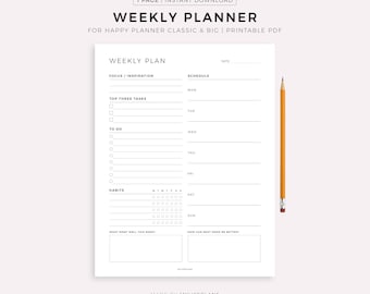 Weekly Planner for Happy Planner Classic & Big, Printable PDF, Instant Download
