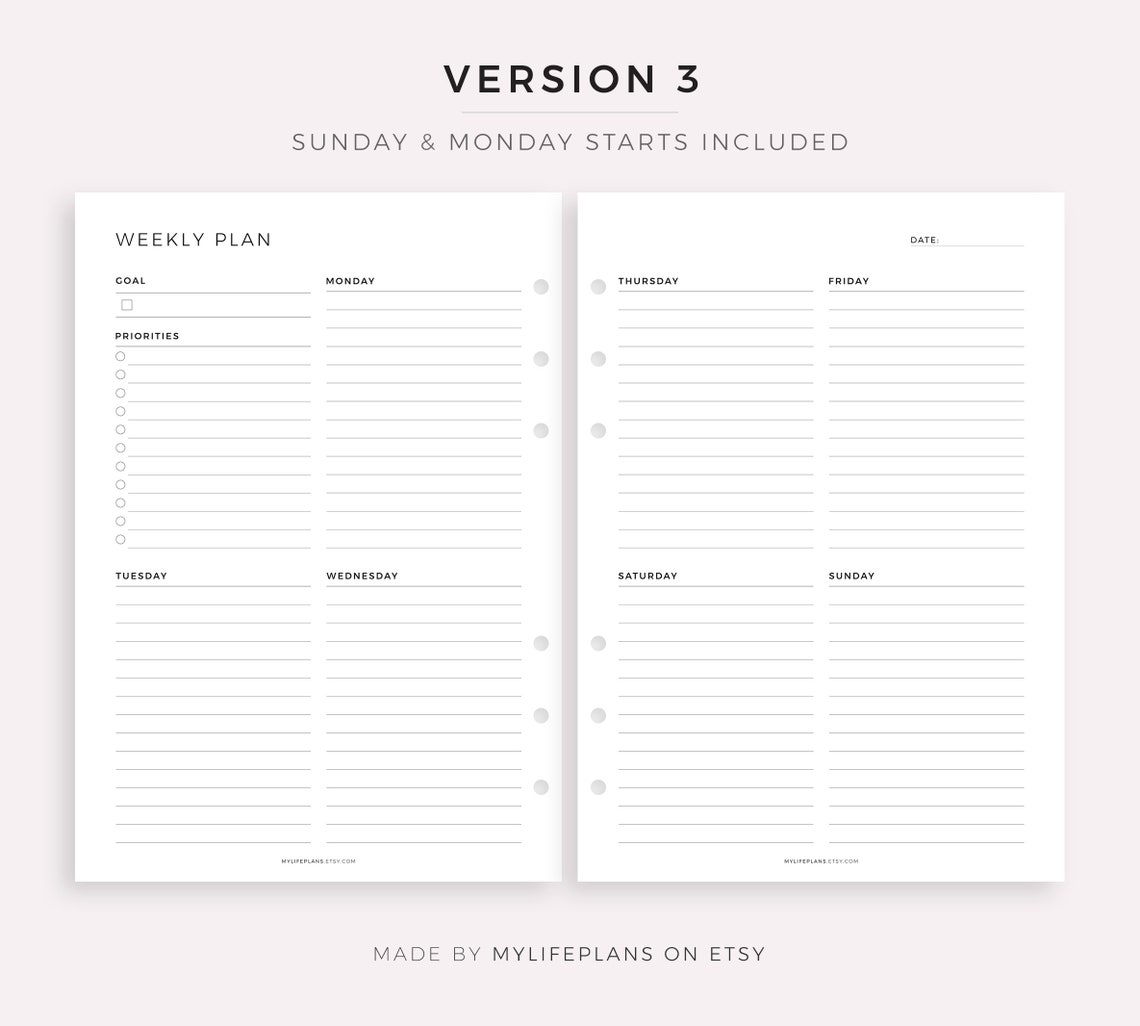 Week on Two Pages Printable Weekly Planner Minimal Weekly - Etsy
