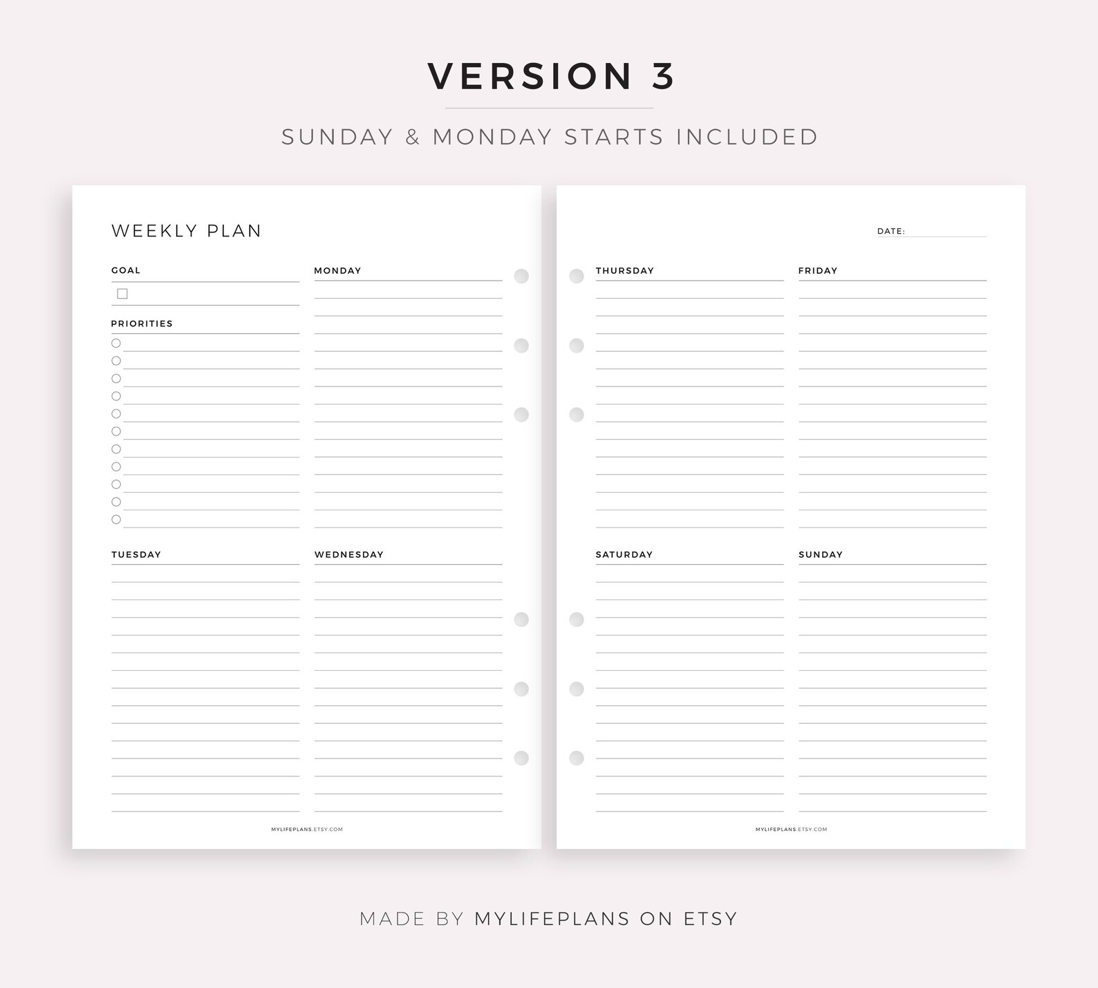 Week on Two Pages Printable Weekly Planner Minimal Weekly - Etsy