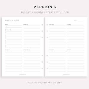 May include: A printable weekly planner template with a simple design. The planner has sections for goals, priorities, and daily tasks. The days of the week are listed across the top of the page, with space for notes and appointments. The planner is designed to be used with a disc-bound planner system.