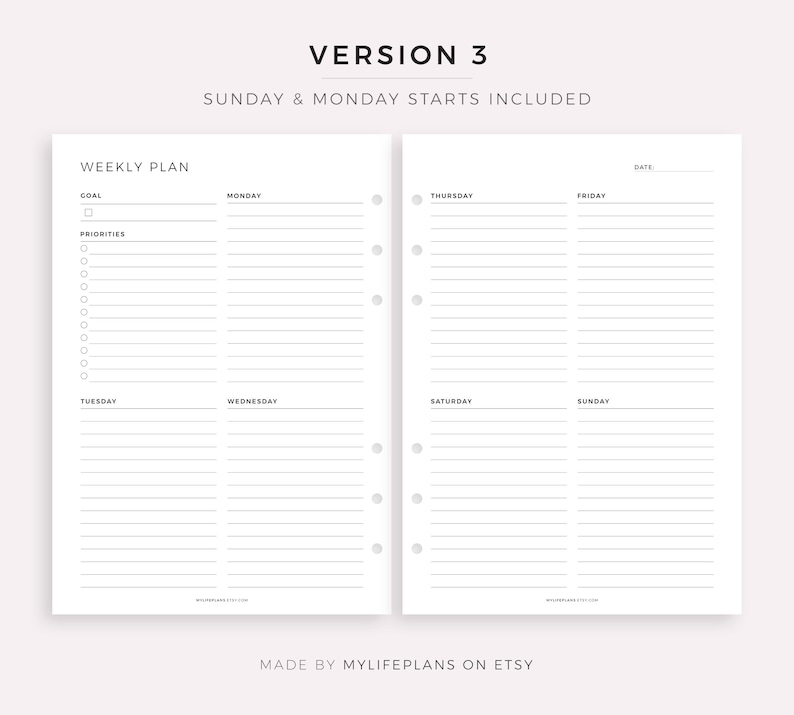 May include: A printable weekly planner template with a simple design. The planner has sections for goals, priorities, and daily tasks. The days of the week are listed across the top of the page, with space for notes and appointments. The planner is designed to be used with a disc-bound planner system.