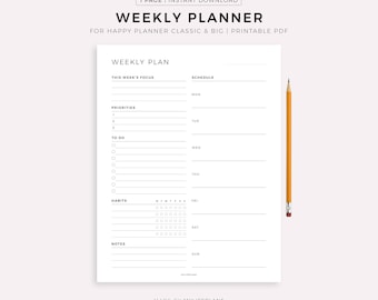 Weekly Planner for Happy Planner Classic & Big, Printable PDF, Instant Download