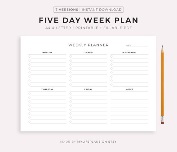 Five Day Weekly Planner Printable to Do List Weekly Schedule - Etsy