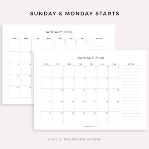 K&ouml;nnte beinhalten: Zwei minimalistische wei&szlig;e Kalender f&uuml;r Januar 2026, einer mit Sonntag und der andere mit Montag als Wochenstart. Jeder Kalender hat ein Raster mit Daten und einen Notizbereich. Der Text "SUNDAY & MONDAY STARTS" steht oben.