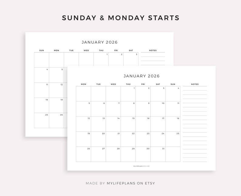 K&ouml;nnte beinhalten: Zwei minimalistische wei&szlig;e Kalender f&uuml;r Januar 2026, einer mit Sonntag und der andere mit Montag als Wochenstart. Jeder Kalender hat ein Raster mit Daten und einen Notizbereich. Der Text "SUNDAY & MONDAY STARTS" steht oben.