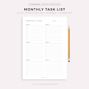 Monthly Task List, Monthly Planning Printable, To Do List Template, A4/A5/Letter/Half, Instant Download PDF
