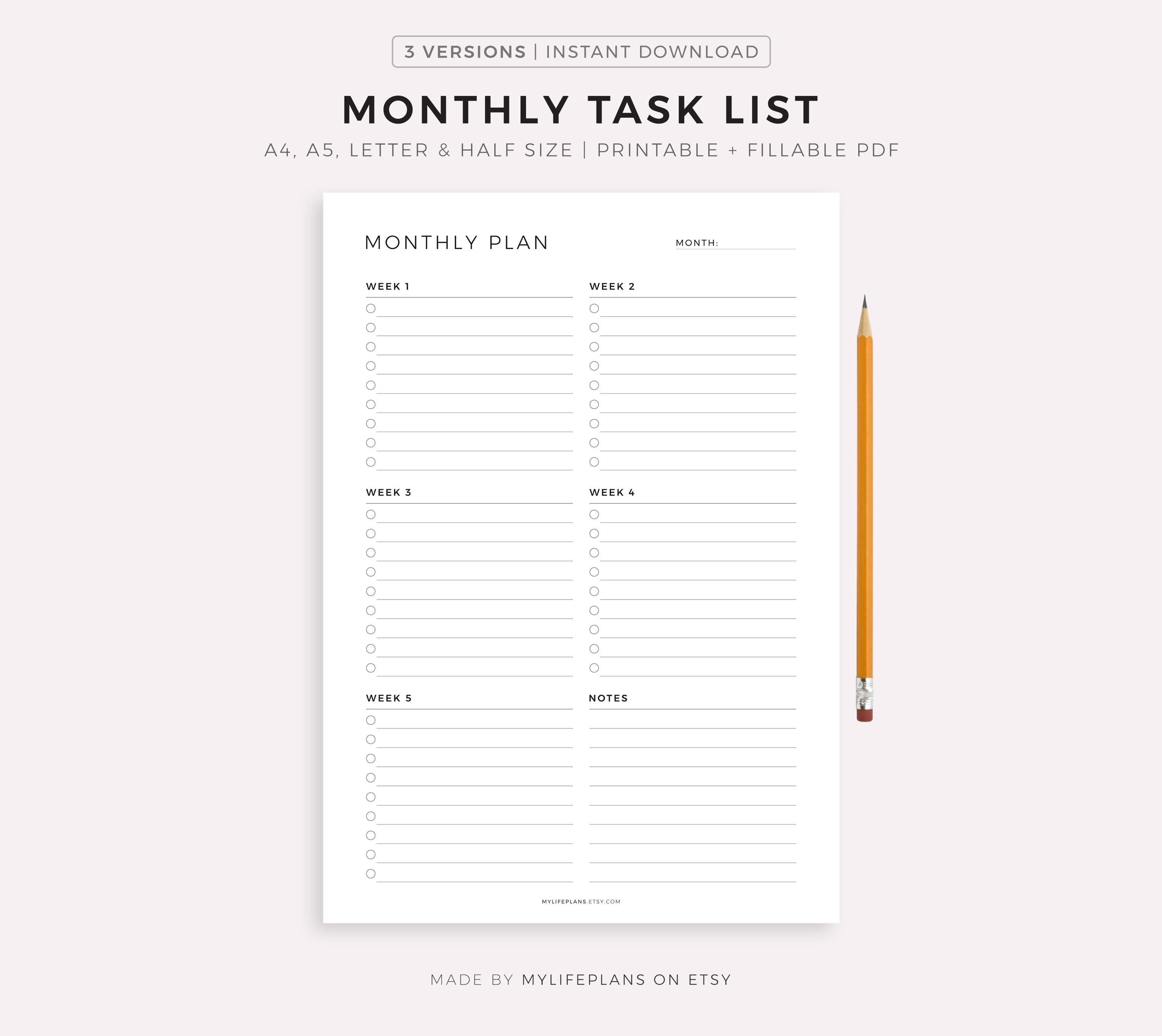 Monthly Task List, Monthly Planning Printable, to Do List Template, A4 ...
