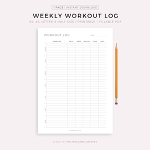 Weekly Workout Log Printable Template, Daily Workout Planner, Exercise Log, Fitness Planner, A4/A5/Letter/Half Size, Instant Download PDF