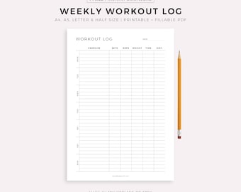 Weekly Workout Log Printable Template, Daily Workout Planner, Exercise Log, Fitness Planner, A4/A5/Letter/Half Size, Instant Download PDF