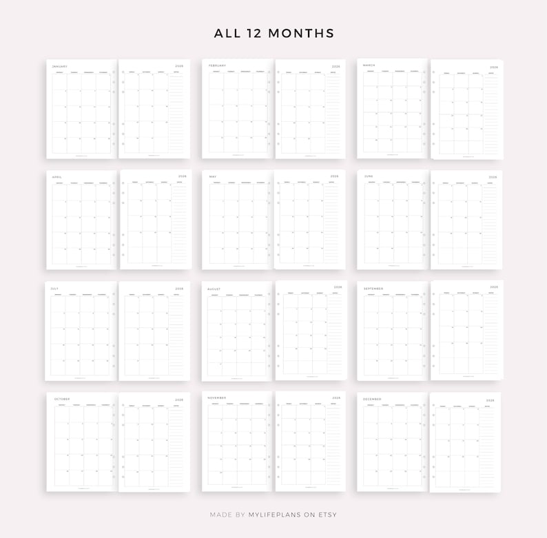 Pode incluir: Um conjunto de doze calend&aacute;rios mensais minimalistas, cada um exibindo um m&ecirc;s do ano. Os calend&aacute;rios apresentam um design simples e limpo com fundo branco e texto preto. O texto "ALL 12 MONTHS" est&aacute; no topo.