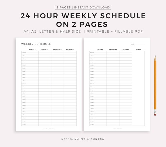 24 Hour Weekly Schedule on 2 Pages, Week at a Glance, Weekly Agenda, Weekly  Planner Printable PDF, Weekly to Do List, A5/a4/letter/half - Etsy