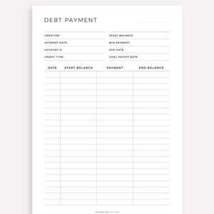 May include: A printable debt payment tracker with sections for creditor, interest rate, account number, credit type, start balance, minimum payment, due date, goal payoff date, date, start balance, payment, and end balance.