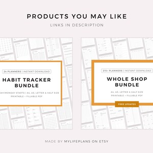 K&ouml;nnte beinhalten: Zwei druckbare Planer-Bundles, eines mit 24 Habit-Trackern und das andere mit 215 Planern. Beide Bundles sind zum sofortigen Download verf&uuml;gbar und beinhalten verschiedene Gr&ouml;&szlig;en, darunter A4, A5, Letter und Half-Size. Der Text "Made by MyLifePlans on Etsy" befindet sich am unteren Rand des Bildes.