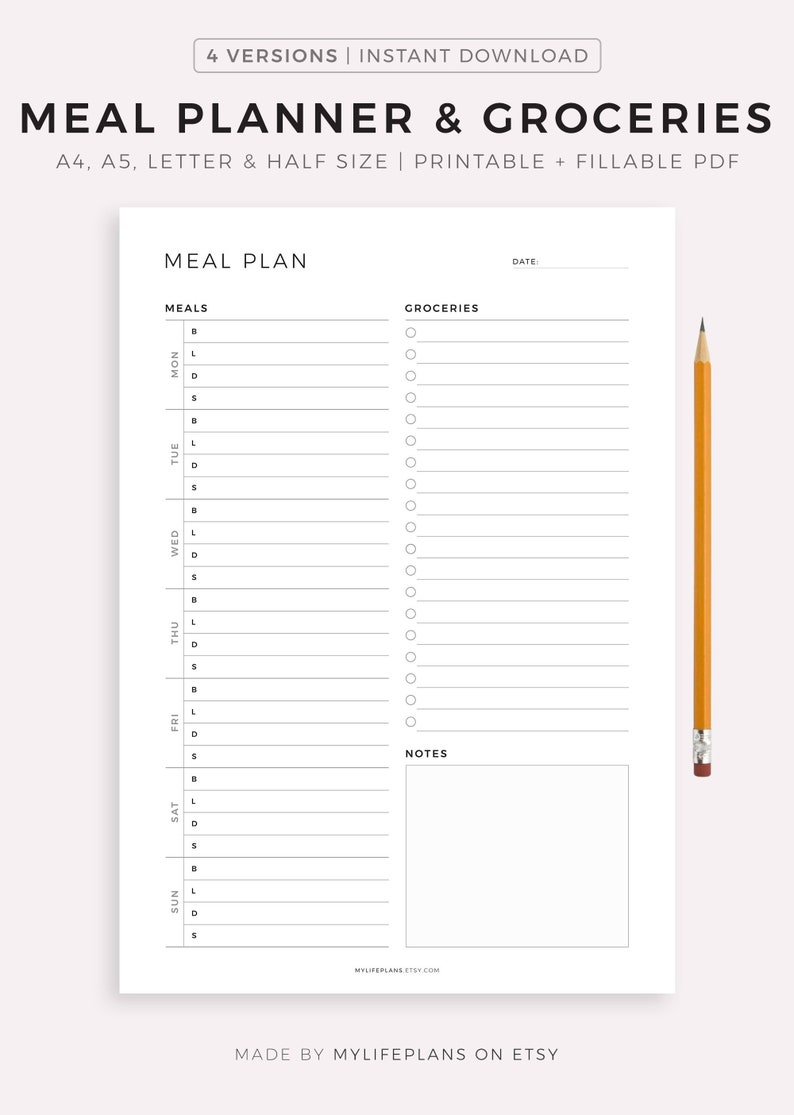 Weekly Meal Planner with Grocery List Printable Template, 7 Day Menu Plan, Food Planner, Household Planner, A4/A5/Letter/Half image 1