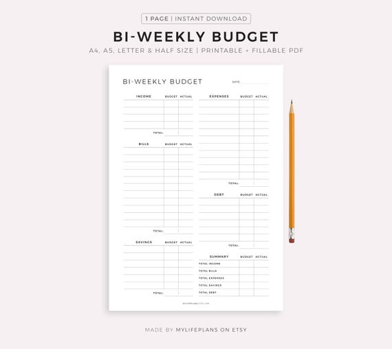 Bi-Weekly Budget Planner Printable & Fillable, Budget Template PDF, Budget by Paycheck, Budget Tracker, A4/A5/Letter/Half, Instant Download