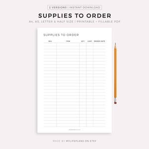 Rastreador de pedidos de suministros imprimible, formulario de gestión de suministros, hoja de suministros para pequeñas empresas, A4/A5/Carta/Media página, descarga instantánea en PDF