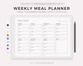 Weekly Meal Planner for Remarkable Paper Pro, Landscape, Food Diary, Meal Tracker, Food Journal, Meal Prep Planner, Instant Download