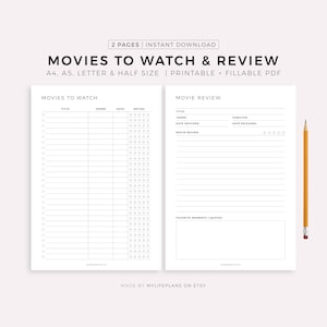Films à regarder et à revoir PDF imprimable et à remplir, A4/A5/Lettre/demi-format, téléchargement immédiat