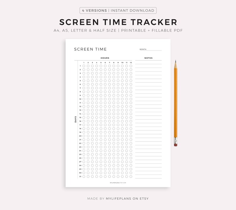 Screen Time Tracker Printable - Get Your Digital Life Under Control by Tracking Your Screen Time, A4/A5/Letter/Half, Instant Download PDF image 1
