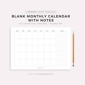 Blanco maandkalender met notities landschap, afdrukbare kalendersjabloon, bureaukalender, wandkalender, start maandag/zondag, A4/Letter