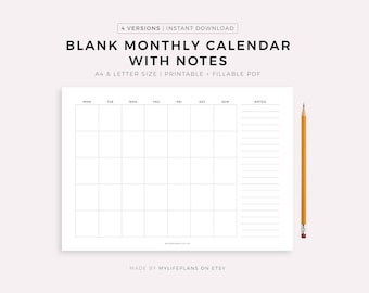 Leerer Monatskalender mit Notizen Querformat, Druckbare Kalendervorlage, Tischkalender, Wandkalender, Montag/Sonntag Start, A4/Letter