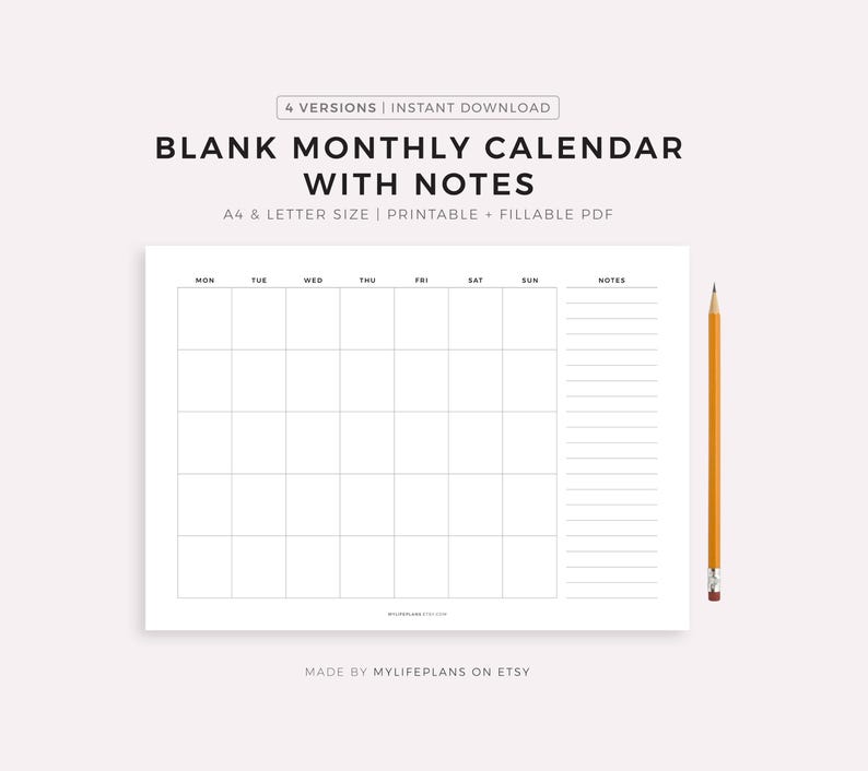Blank Monthly Calendar With Notes Landscape, Printable Calendar ...