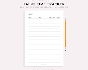 Task Time Tracker, Working Hours Tracker, Time Spent Log, Activity Tracker, A4/A5/Letter/Half, Instant Download PDF