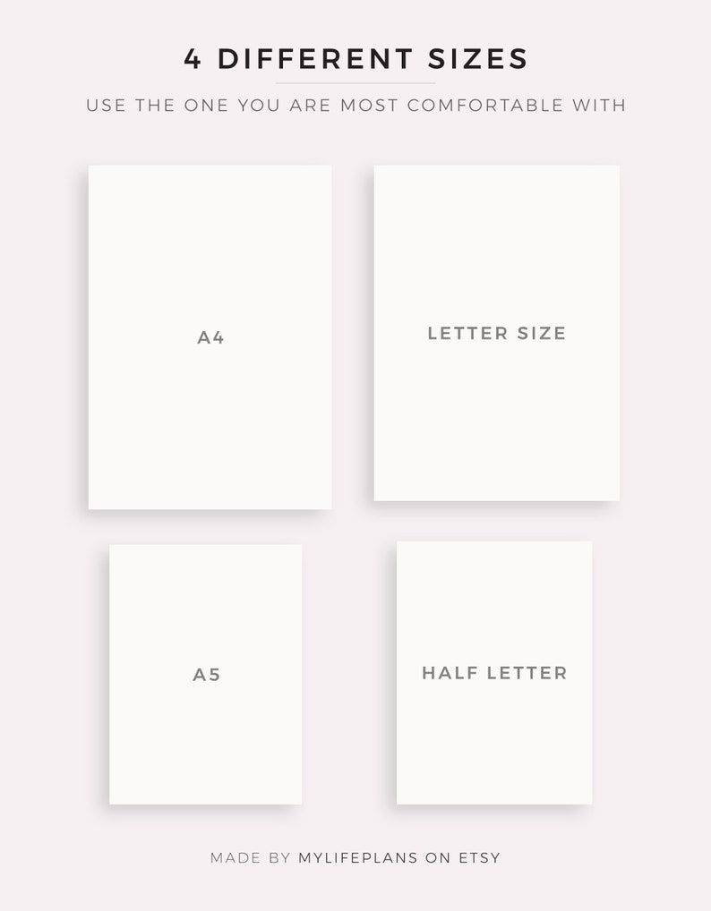 May include: Four different sizes of paper are shown: A4, Letter, A5, and Half Letter. The paper is white and the text is black. The text "MADE BY MYLIFEPLANS ON ETSY" is at the bottom of the image.