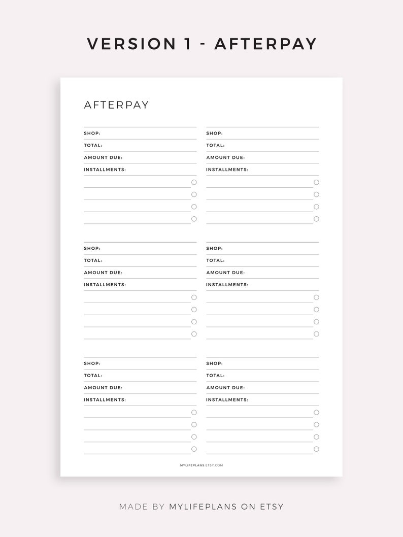 Pu&ograve; includere: Tracker Afterpay stampabile con sezioni per il nome del negozio, l'importo totale, l'importo dovuto e le rate. Il tracker ha un design in bianco e nero con un'estetica semplice e minimalista.