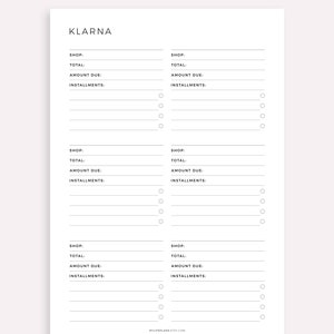 Pu&ograve; includere: Una pagina di pianificatore stampabile per tenere traccia degli acquisti Klarna. La pagina contiene sezioni per il nome del negozio, l'importo totale, l'importo dovuto e le rate. Ci sono caselle di controllo per ogni rata.