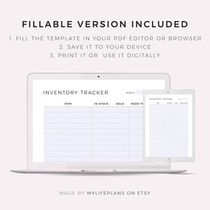K&ouml;nnte beinhalten: Eine digitale Inventar-Tracker-Vorlage auf einem Laptop- und Tablet-Bildschirm. Die Vorlage enth&auml;lt Spalten f&uuml;r Artikel, auf Lager, verkauft und zu bestellen. Die Vorlage ist f&uuml;r die digitale Bearbeitung konzipiert.