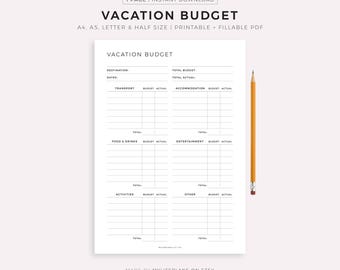 Vacation Budget Planner Printable, Travel Spending Worksheet Template, Holiday Finances Planner, A4/A5/Letter/Half, Instant Download PDF