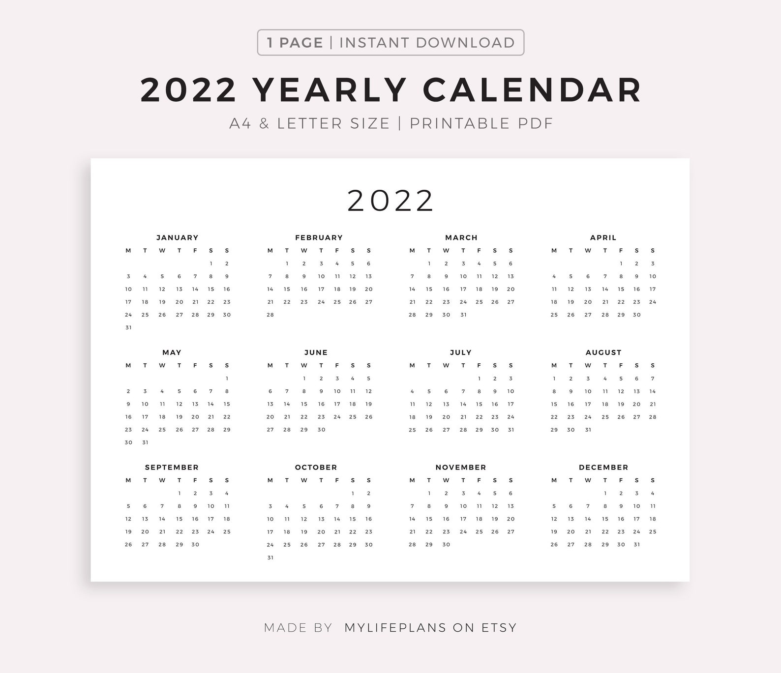 2022 year calendar printable landscape minimalist calendar