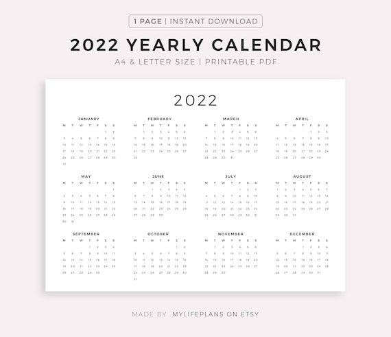 2022 year calendar printable landscape minimalist calendar etsy