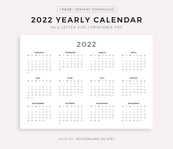 2022 year calendar printable landscape minimalist calendar etsy