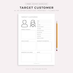 Sjabloon afdrukbaar doelklant, werkblad consumentenprofiel, Ideale doelgroep, Klantpersona, A4/A5/Letter/Half, Directe download