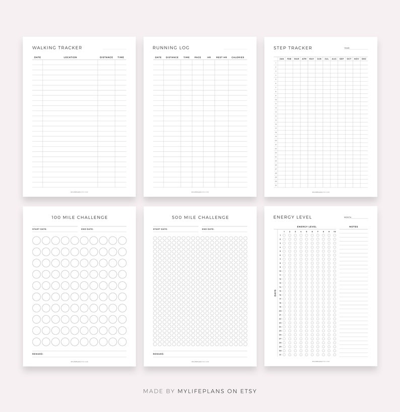 May include: Printable fitness tracker pages with black text on white paper. The pages include a walking tracker, running log, step tracker, 100 mile challenge, 50 mile challenge, and energy level tracker.