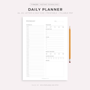 Printable 7 Day Planner, Daily Planner, Weekly Planner, Half Hourly Planner, Work Planner, Personal Planner, Instant Download, 365 Daily Log