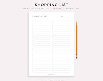 Plantilla de lista de compras imprimible, lista de compras, lista de artículos, plan de compras, tamaño A4/A5/carta/medio PDF, descarga instantánea